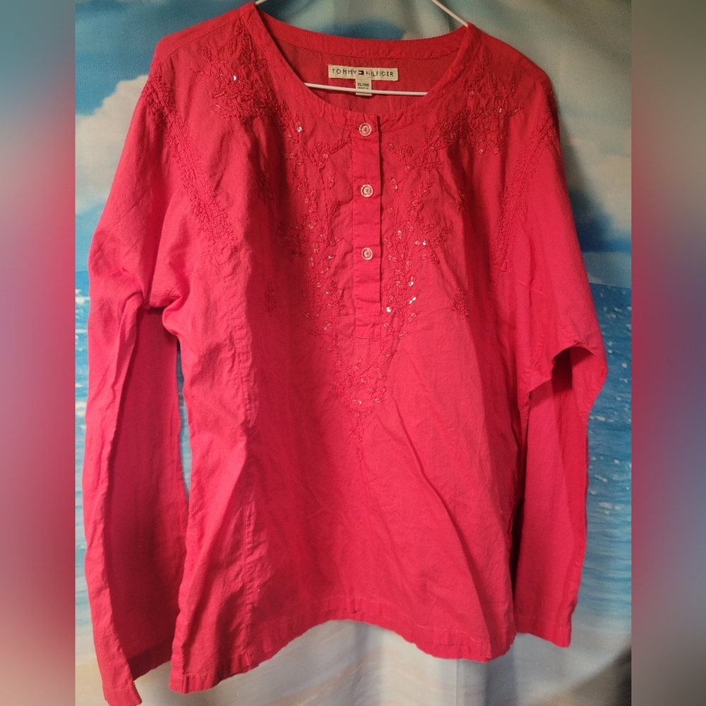 Tommy Hilfiger Red Floral Embroidered Blouse Women's Size‎ XL